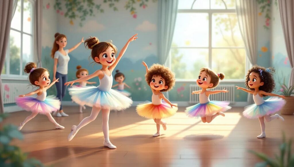 Ein Kinderballettkurs, in dem Kinder tanzen und sich bewegen.